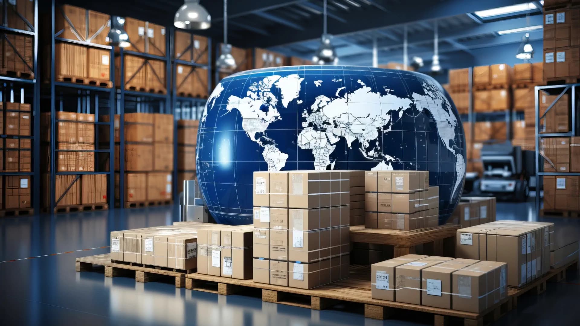 A warehouse and world map symbolising cross-border business