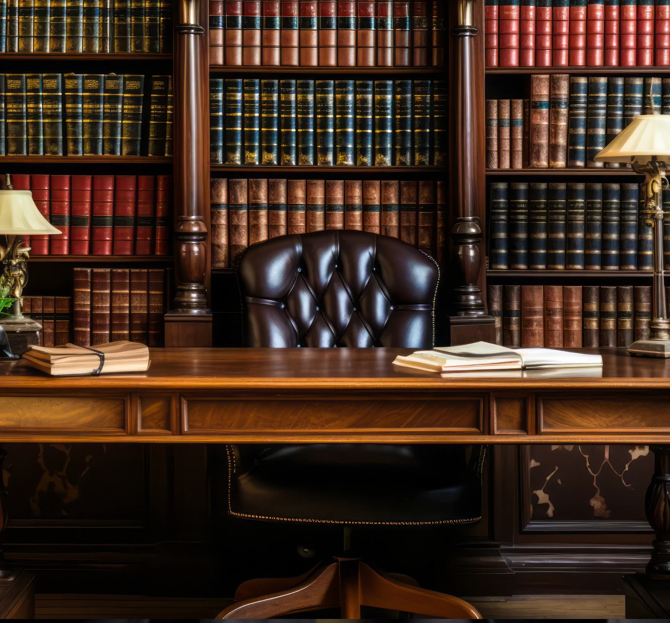 Gabinet kancelarii prawnej z klasyczną biblioteką prawniczą